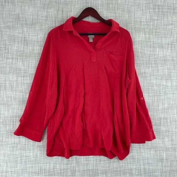 Chico's Womens Size 3 (16) Red long sleeve roll tab rayon shirt 1477 - Picture 1 of 7